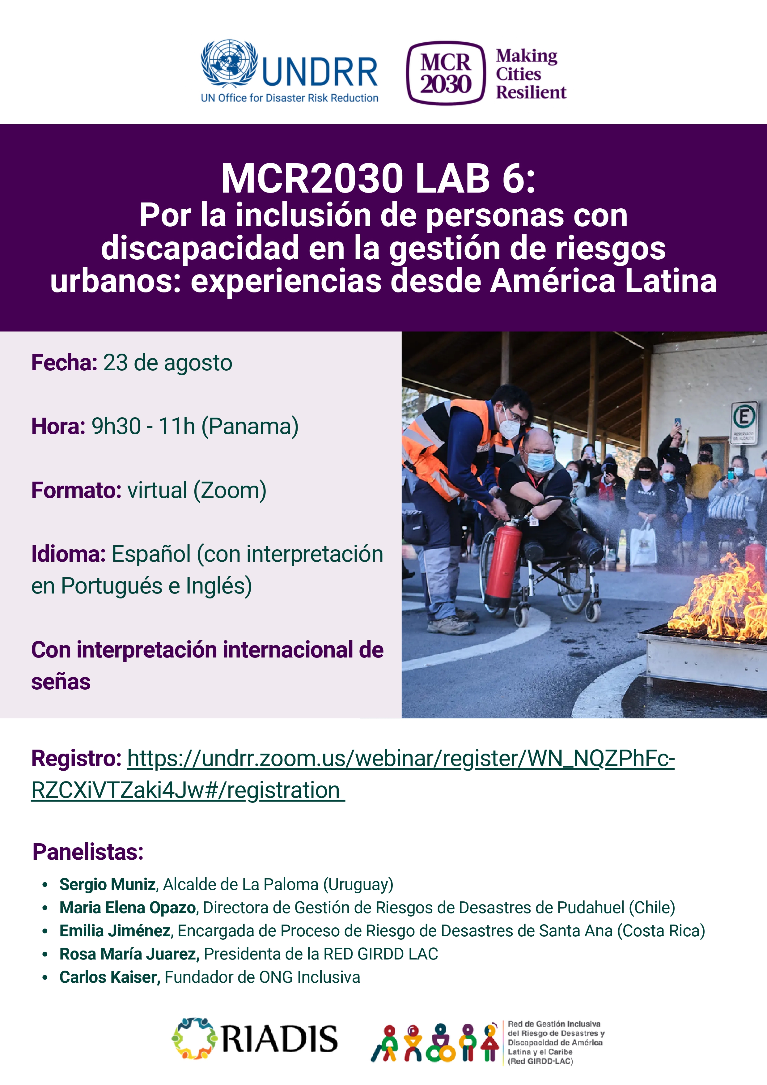 Es una imagen de varias personas que están observando a un hombre enseñándole a otro a usar un extintor con texto que dice lo siguiente: MCR2030 LAB 6: Por la inclusión de personas con discapacidad en la gestión de riesgos urbanos: experiencias desde América Latina