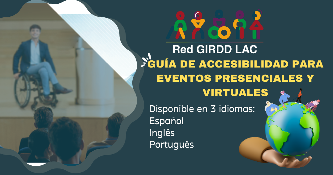 Es un banner promocional con texto que dice: GUÍA DE ACCESIBILIDAD PARA EVENTOS PRESENCIALES Y VIRTUALES. Disponible en 3 idiomas: Español Inglés  Portugués
