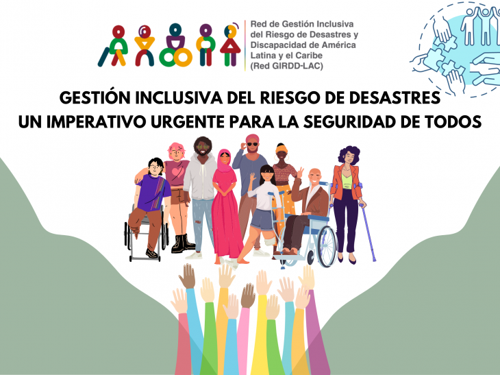 Es una imagen promocionar de un artículo, que contiene el logo de la red GIRDD LAC, texto que dice: Gestión Inclusiva del Riesgo de Desastres: Un Imperativo Urgente para la Seguridad de Todos. Y dibujos de varias personas con distintos tipos de discapacidad.
