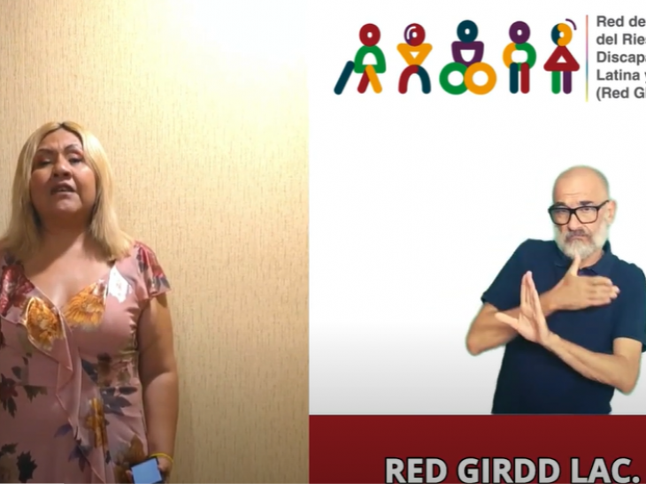Aparece Rosa Maria Juarez, presidenta de la RED GIRDD LAC, logo de la red y el interprete en lengua de señas a un costado.